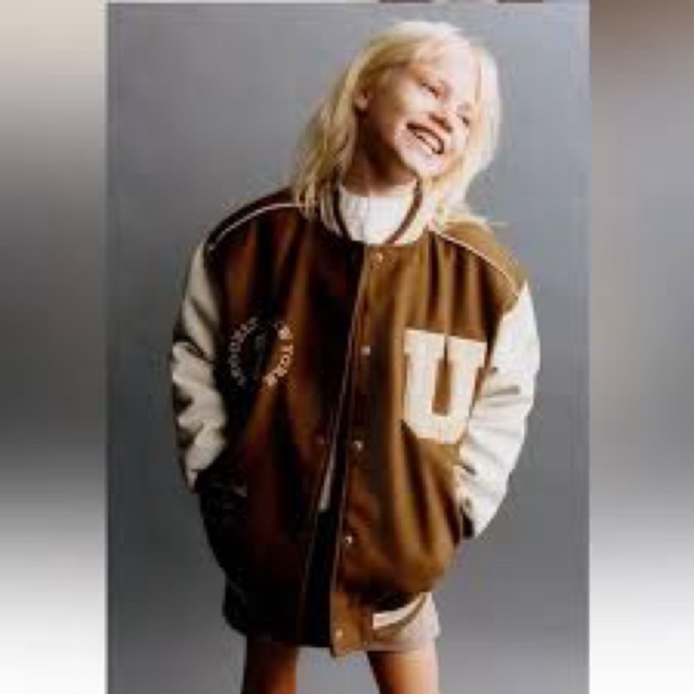 Zara Unisex Letterman Snap Button PATCH VARSITY BROWN Unisex JACKET Size 9